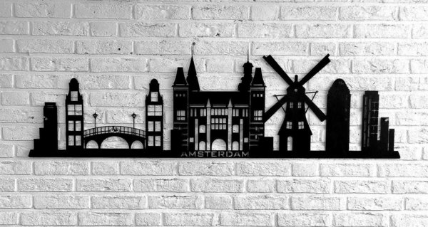 Wanddecoratie Skyline Amsterdam, 149 cm, zwart metaal